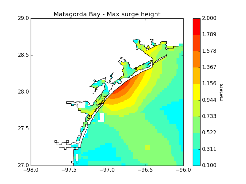 Max surge heights at Matagorda Bay during Hurricane Harvey